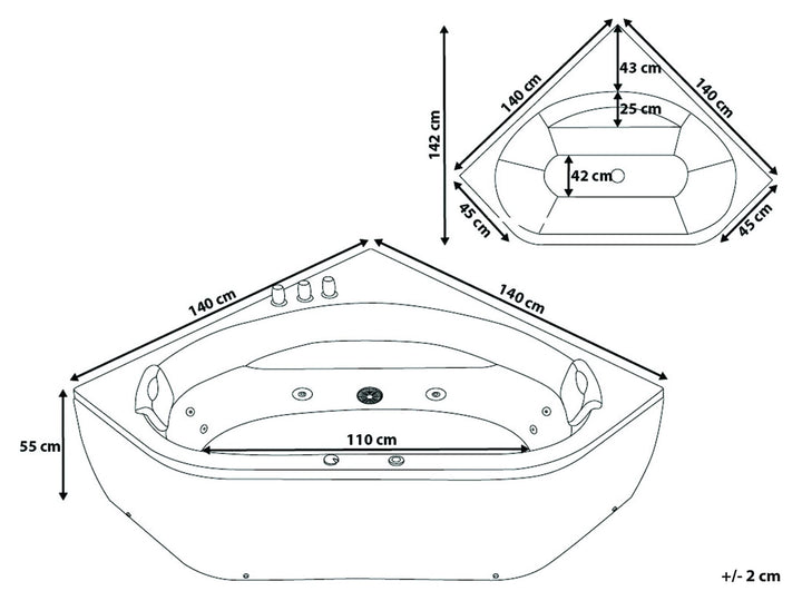 Whirlpool Corner Bath with LED 1400 x 1400 mm White Meves