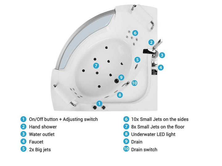 Whirlpool Bath with LED 2010 x 1500 mm White Mangle