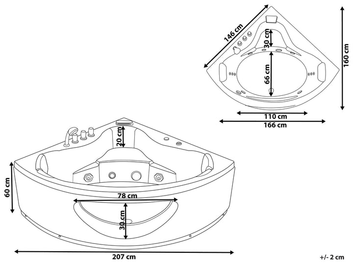 Whirlpool Corner Bath with LED 207 x 1460 mm White Tocoa II