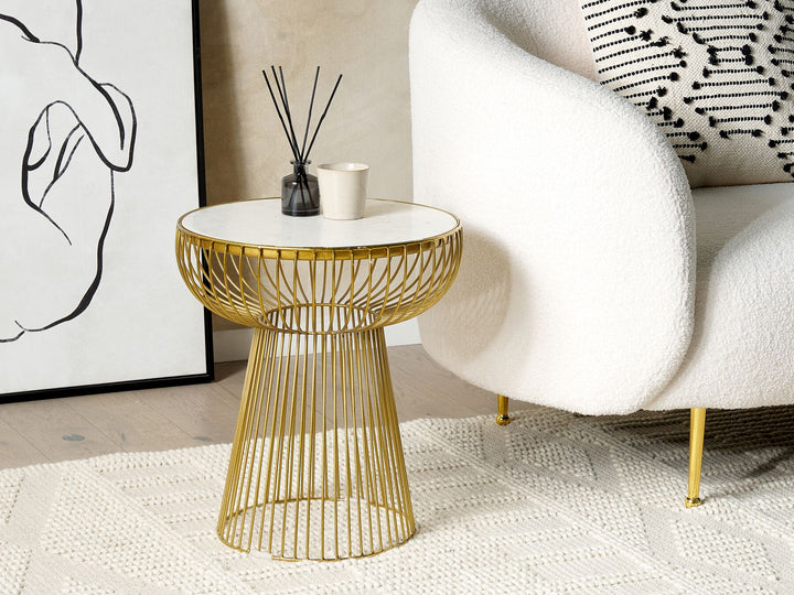 Wire Frame Side Table White Marble with Gold Cheynes