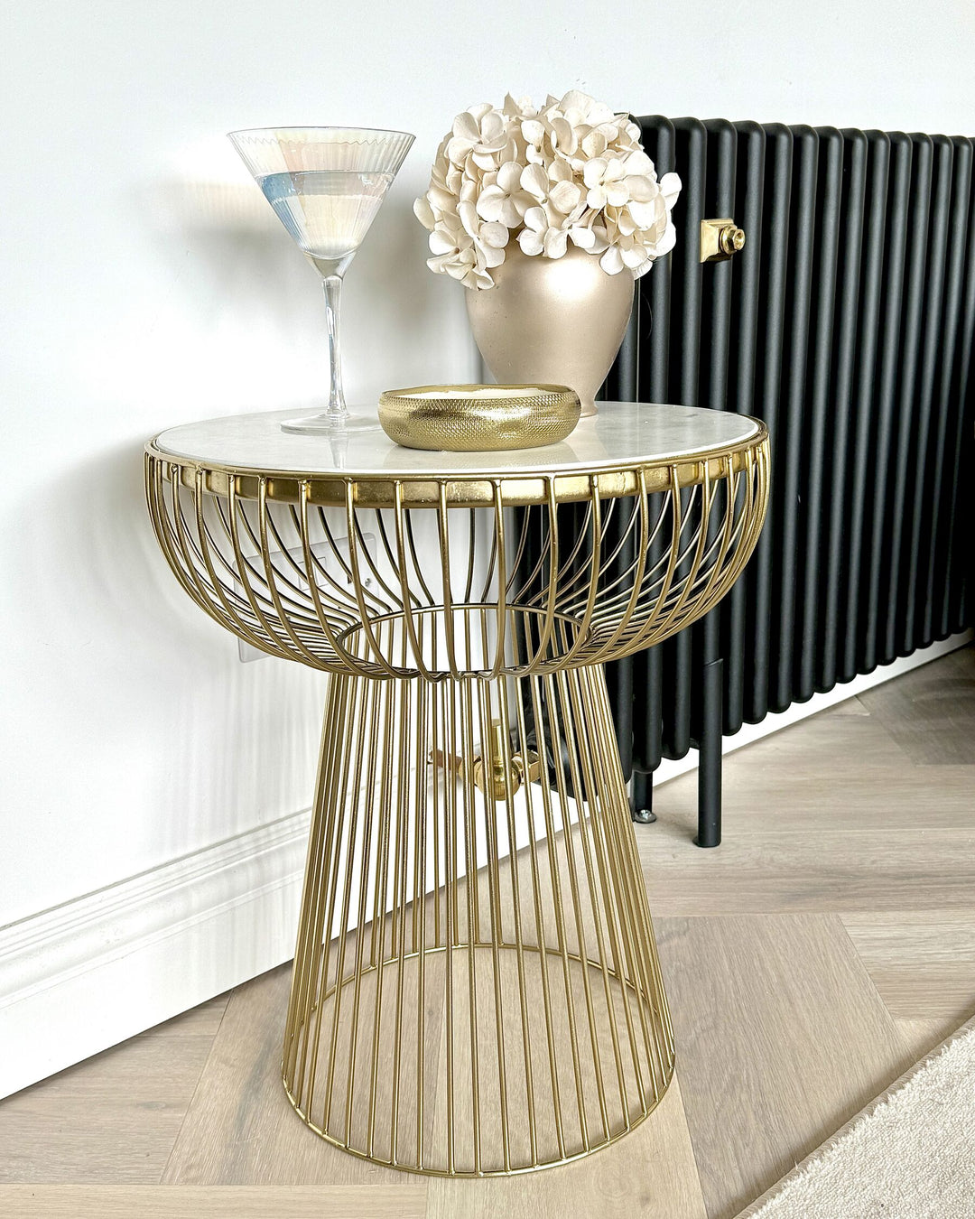 Wire Frame Side Table White Marble with Gold Cheynes