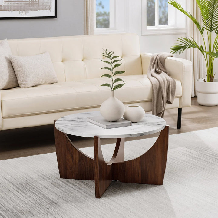 Round Coffee Table with Calacatta Marble Dark Walnut Venux