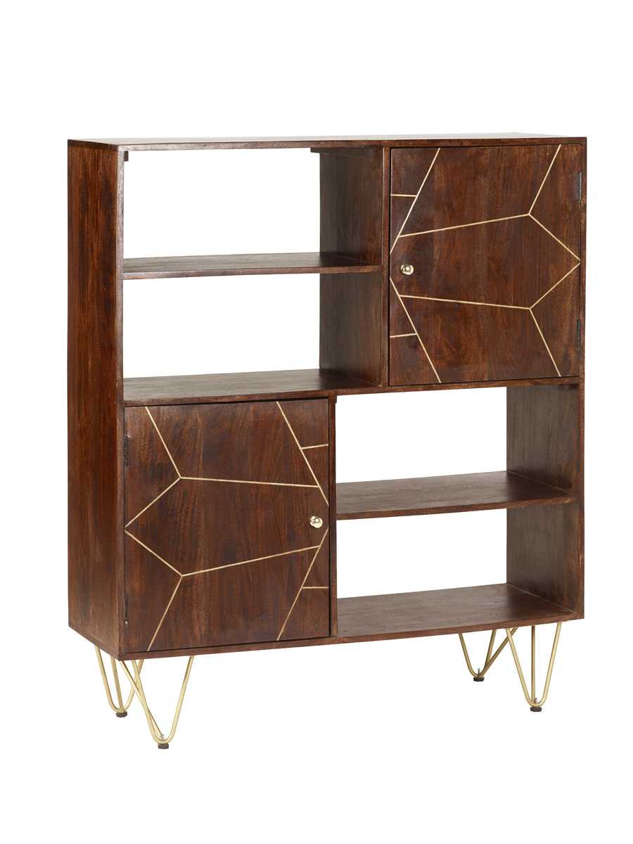 Dark Wood Gold Display Cabinet Bookcase 2 Door 4 Shelf