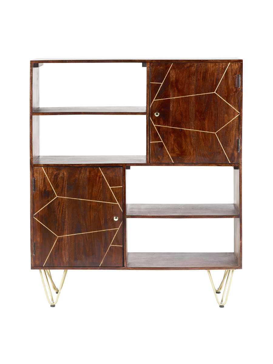 Dark Wood Gold Display Cabinet Bookcase 2 Door 4 Shelf