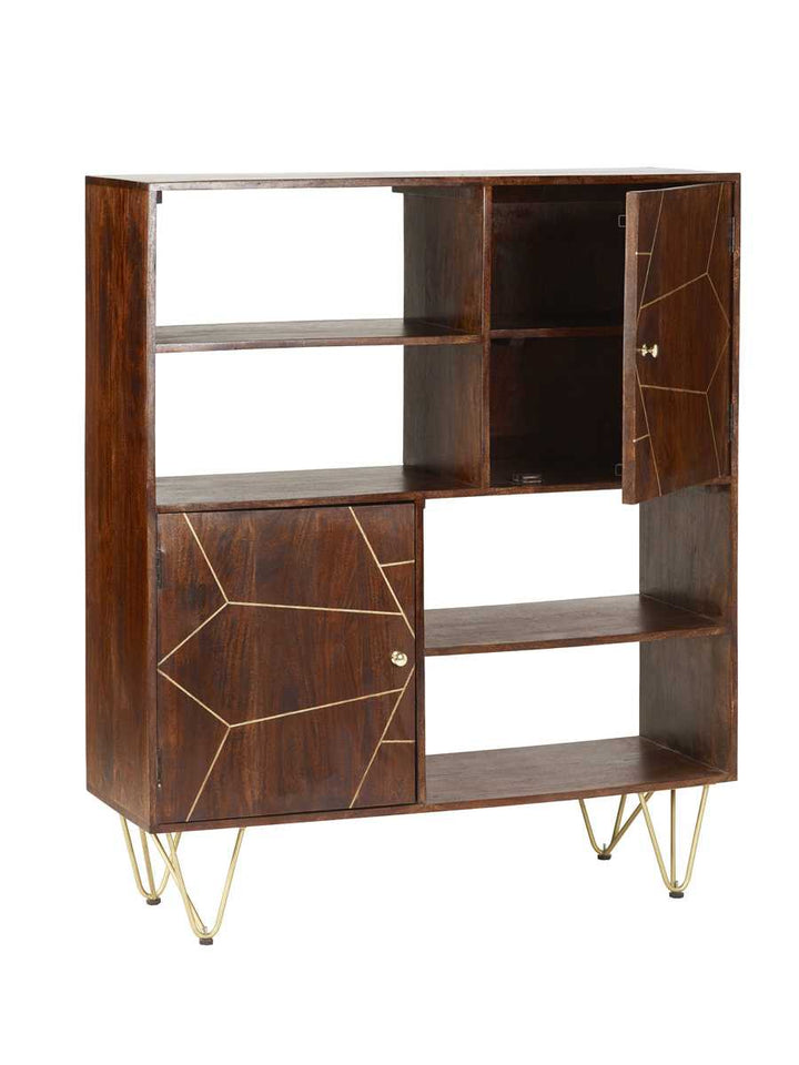 Dark Wood Gold Display Cabinet Bookcase 2 Door 4 Shelf