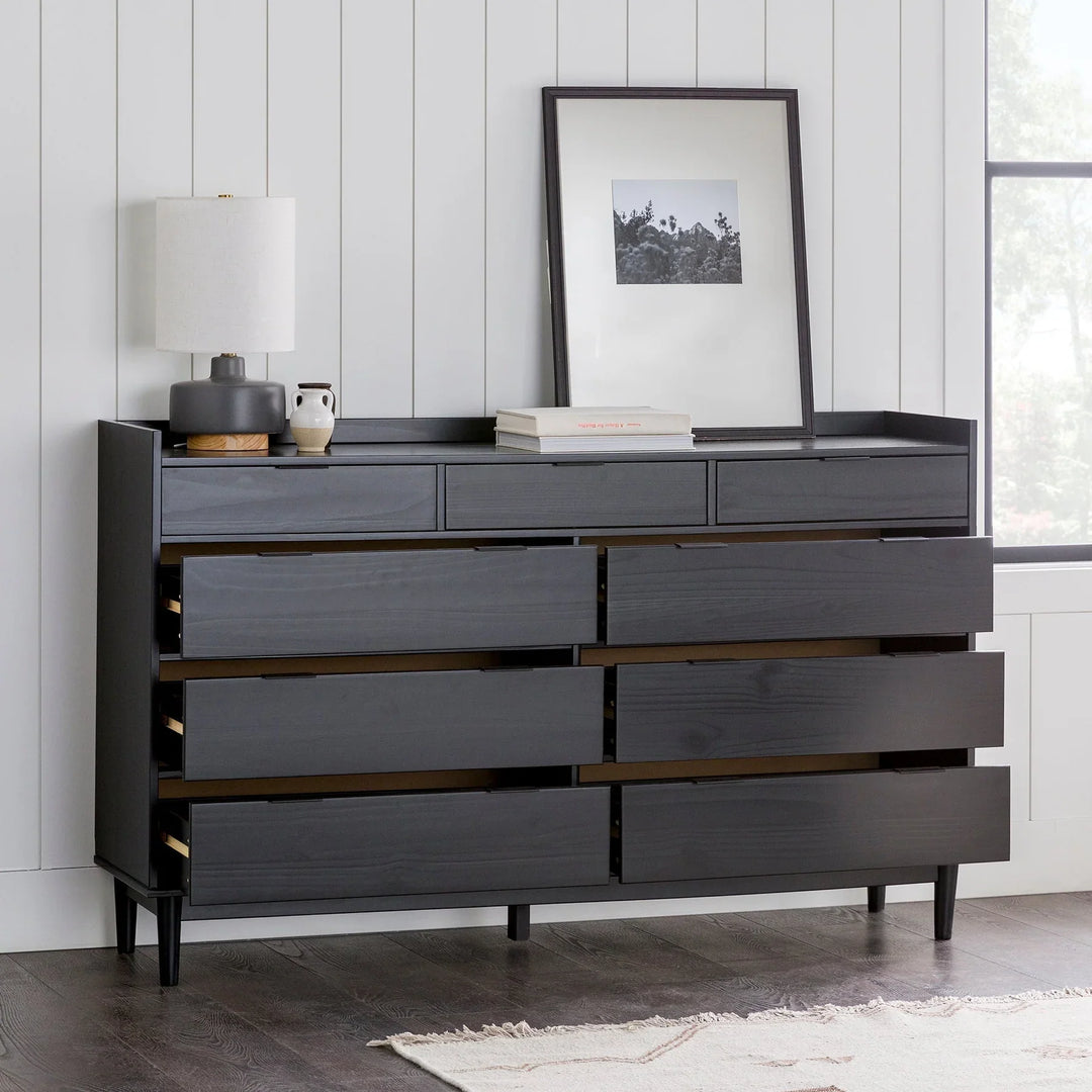 Modern 9 Drawer Wide Wood Dresser Black Iris