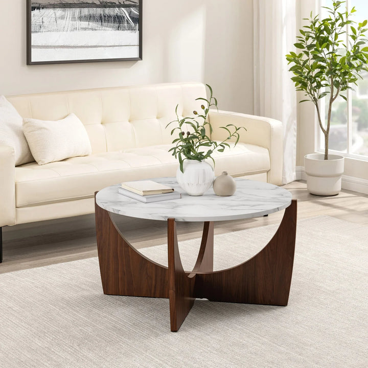 Round Coffee Table Calacatta Marble Dark Walnut Venux