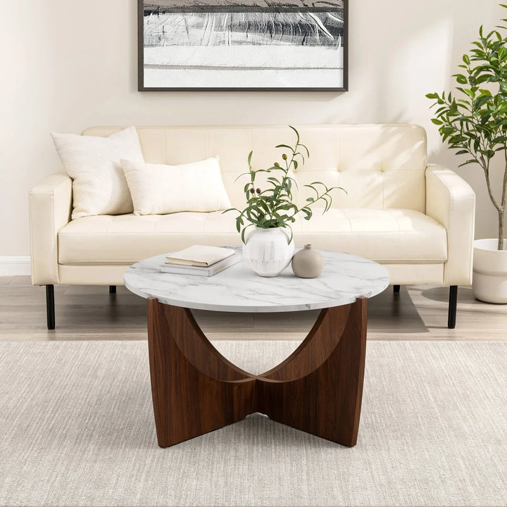 Round Coffee Table Calacatta Marble Dark Walnut Venux