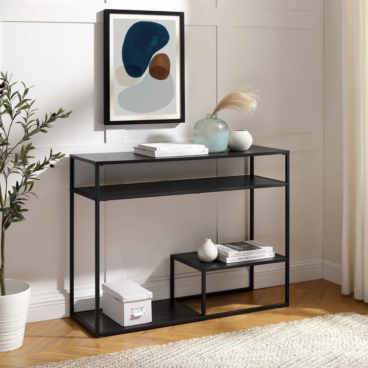 Modern Console Table with Tiered Shelves Black Edingo