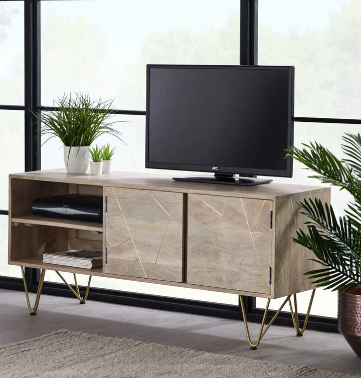 Light Wood Gold 2 Door Media TV Unit with Storage