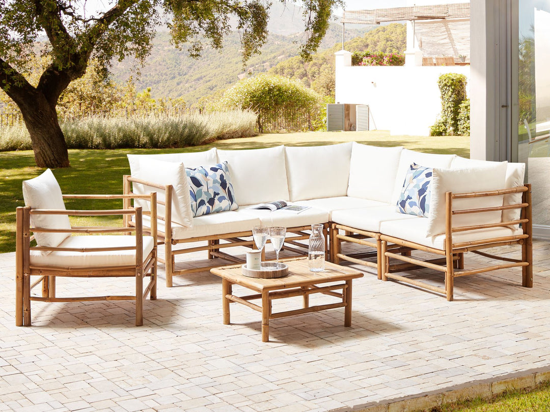 Cerreto 6 Seater Bamboo Garden Corner Lounge Set Off-White