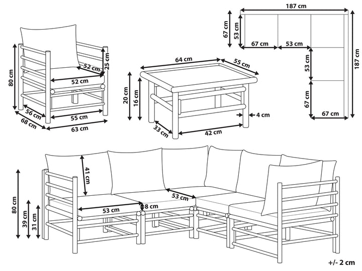 Cerreto 6 Seater Bamboo Garden Corner Lounge Set Off-White