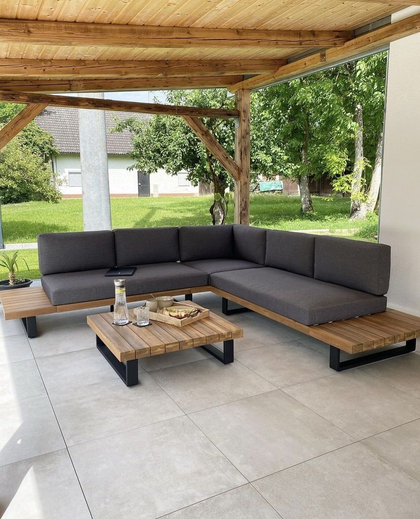 Mykonos 5 Seater Certified Acacia Wood Garden Corner Lounge Set Grey