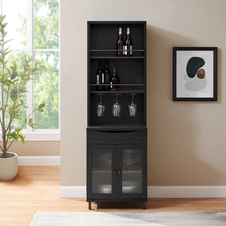 Wood Bar Cabinet with wine storage and Hutch Graphite Gilliette