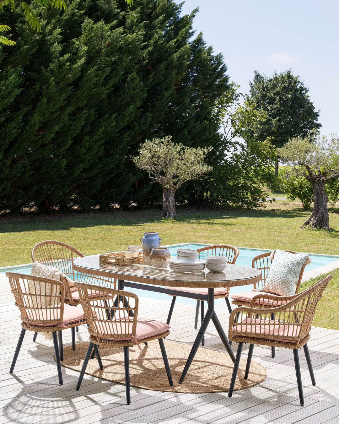 Aliano II 6 Seater PE Rattan Garden Dining Set Pink