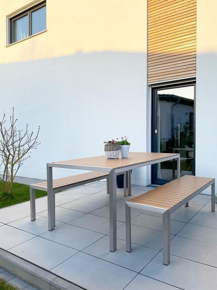 Nardo 6 Seater Aluminium Garden Dining Set Light Wood and Silver