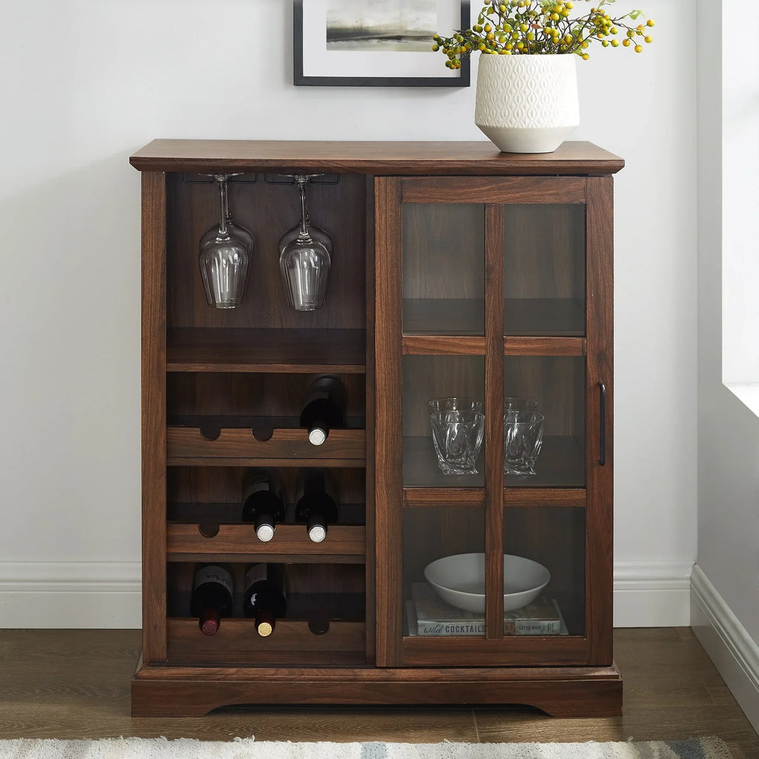 Sliding Glass Door Bar Cabinet Dark Walnut Delinda