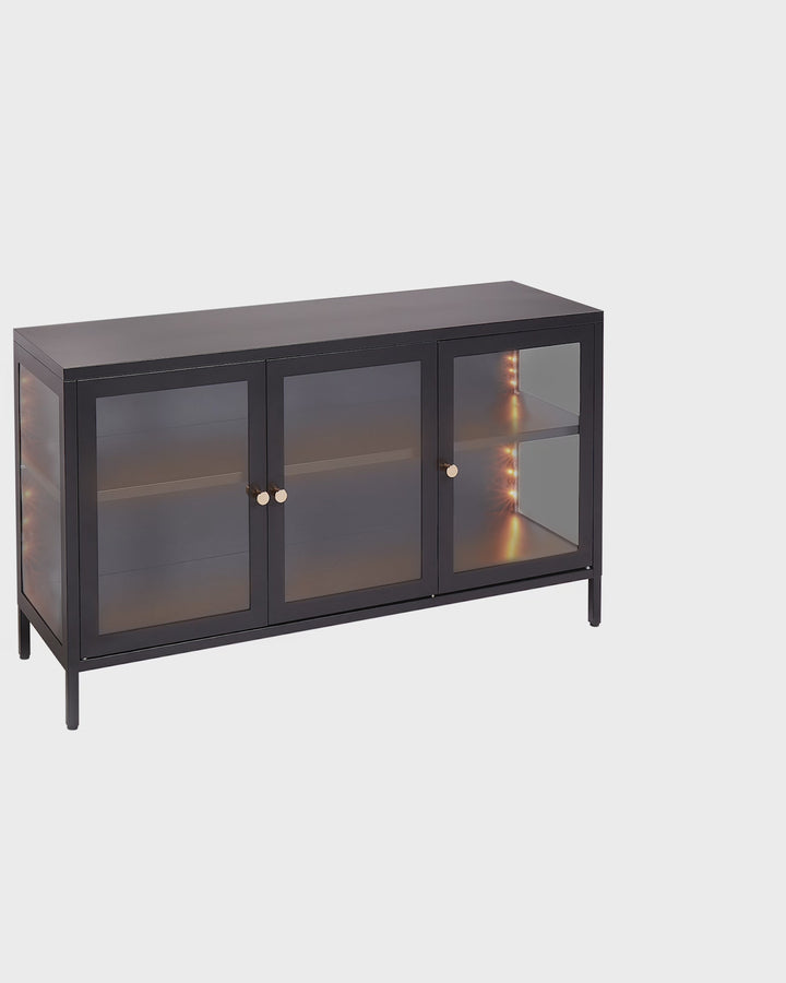 3 Door Metal LED Sideboard with Glass Display Black Newport