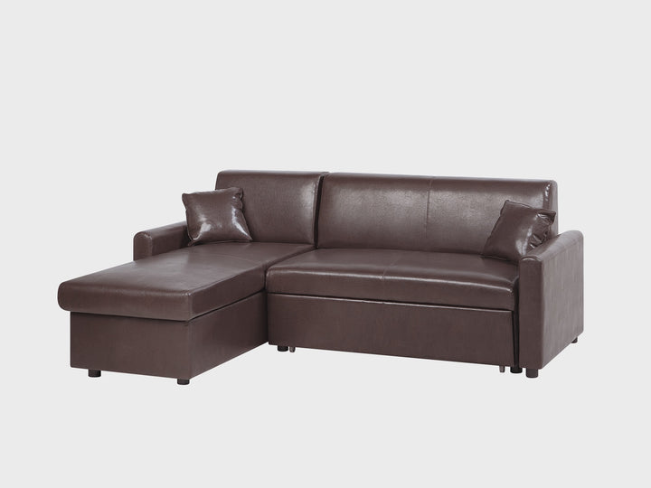 Right Hand Faux Leather Corner Sofa Bed with Storage Dark Brown Ogna