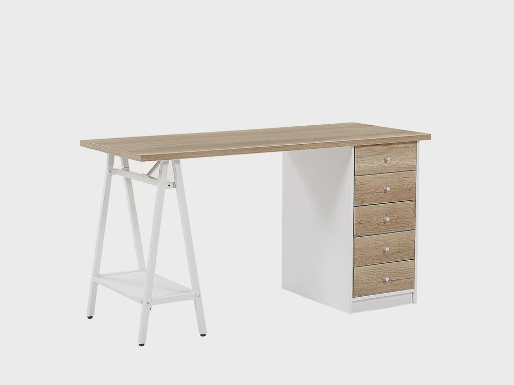 5 Drawer Home Office Desk with Shelf 140 x 60 cm Light Wood Heber