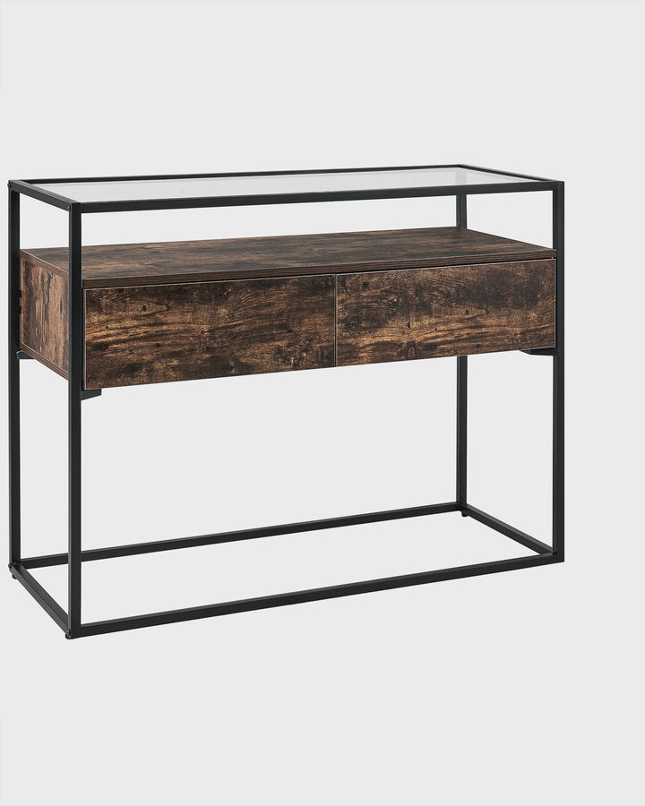 2 Drawer Glass Top Console Table Dark Wood and Black Mauk