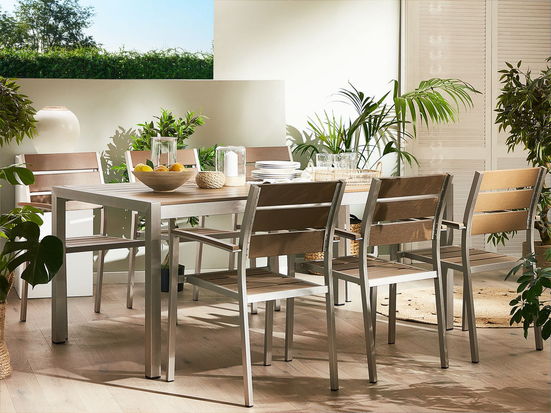 Vernio 6 Seater Aluminium Garden Dining Set Light Wood and Silver