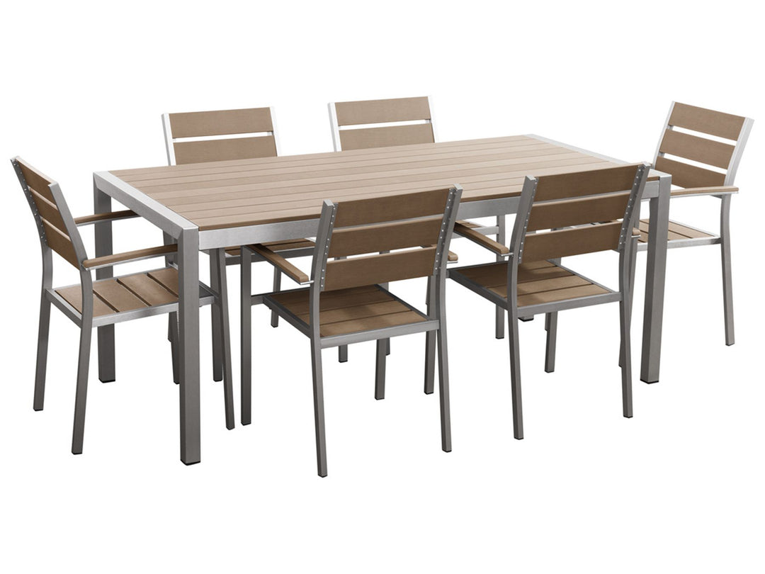 Vernio 6 Seater Aluminium Garden Dining Set Light Wood and Silver