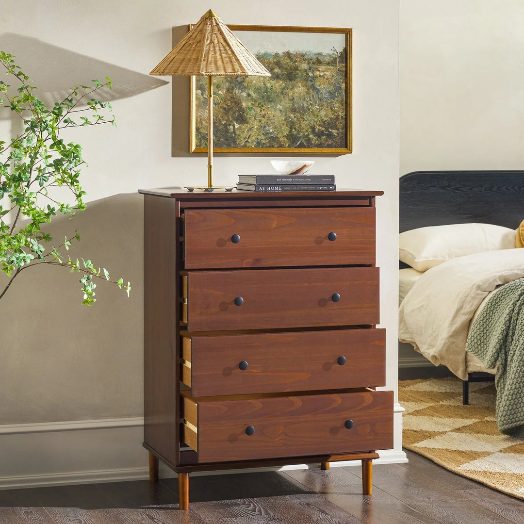 Solid Wood Transitional 4 Drawer Chest Dresser Walnut Abberbury