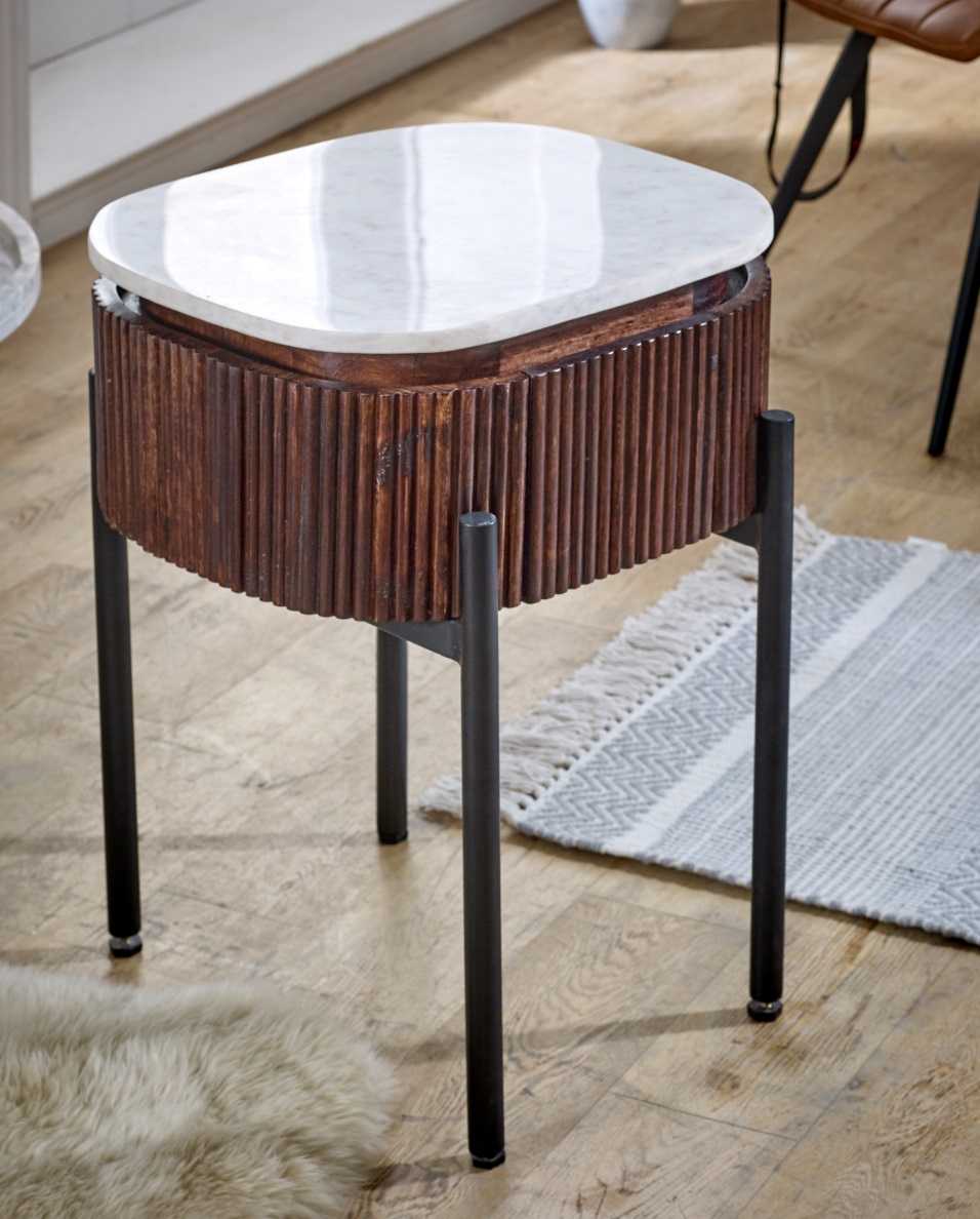 Mango Wood Bedside Table With Marble Top & Metal Legs Opal