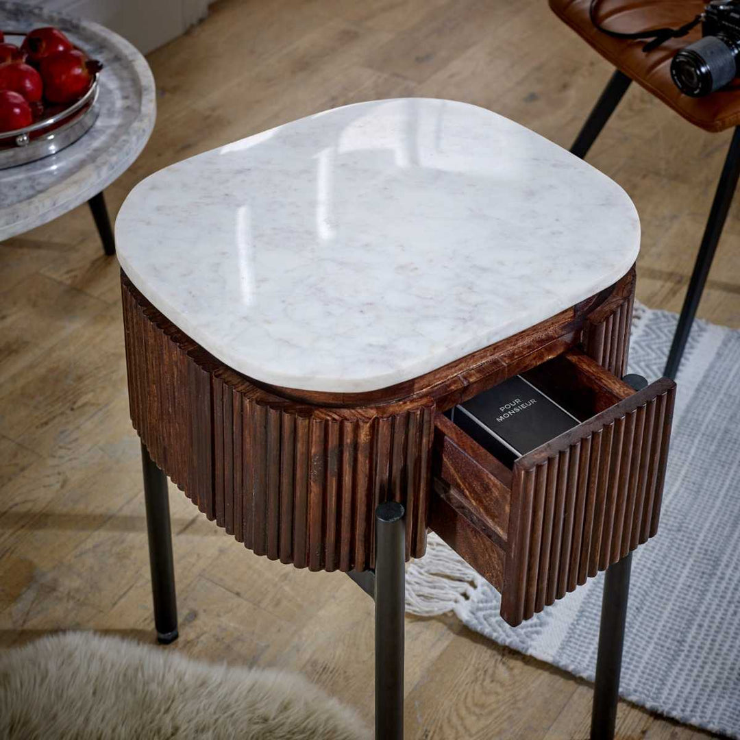 Mango Wood Bedside Table With Marble Top & Metal Legs Opal